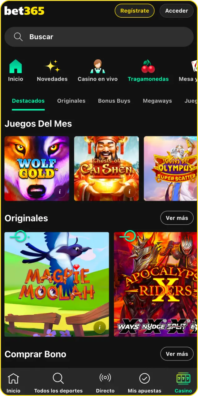 Descubre la fluida navegación en el área de casino de la Bet365 App.