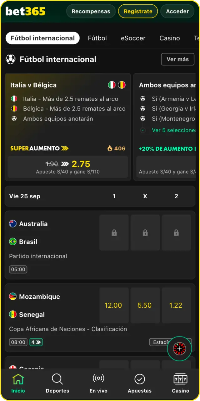 Accede rápidamente a los eventos deportivos desde la Bet365 App oficial.