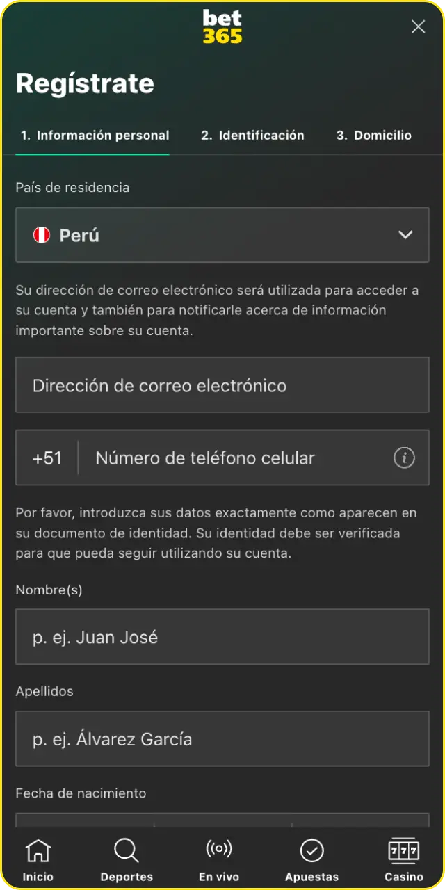Completa tu registro sin complicaciones a través de la Bet365 App.