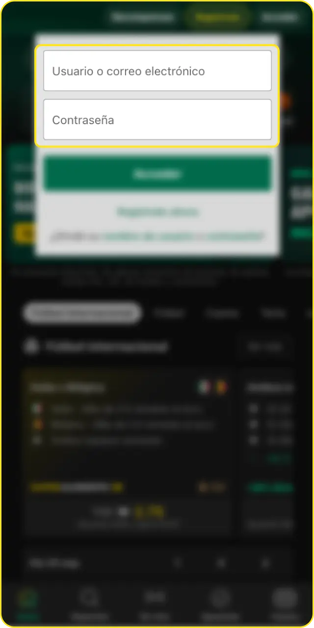 Ingresa tus credenciales para completar el inicio de sesión en la App Bet365.