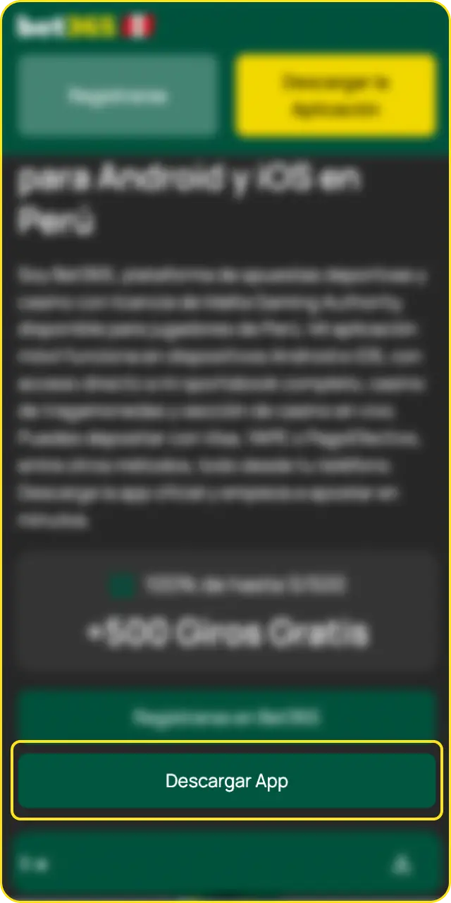 Abre el sitio móvil para acceder a Bet365 en iOS desde Perú.