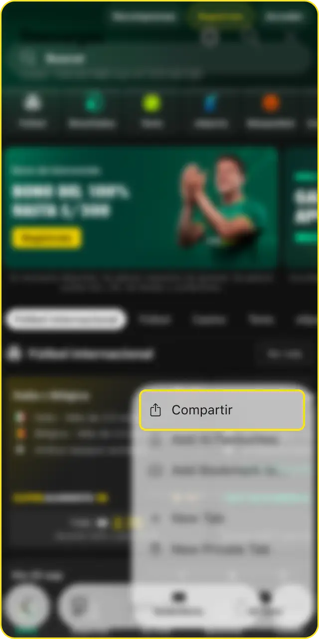 Abre el menú de Safari al acceder a Bet365 en iOS desde Perú.