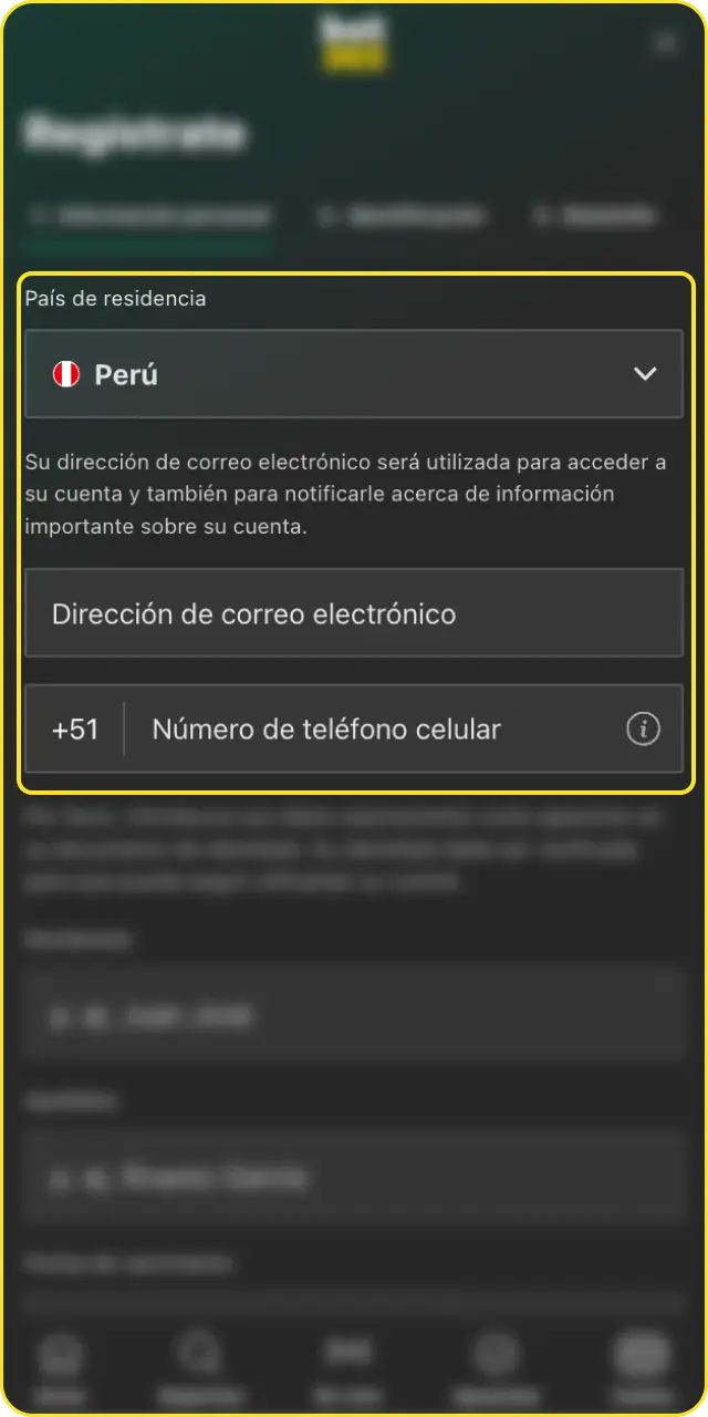 Ingresa tus datos para avanzar con el registro en la App Móvil Bet365.
