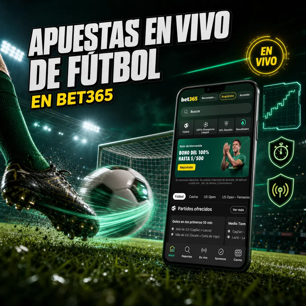 Apuestas en vivo de fútbol en Bet365 con Match Tracker, cuotas actualizadas, estadísticas del partido y opción de Cash Out.