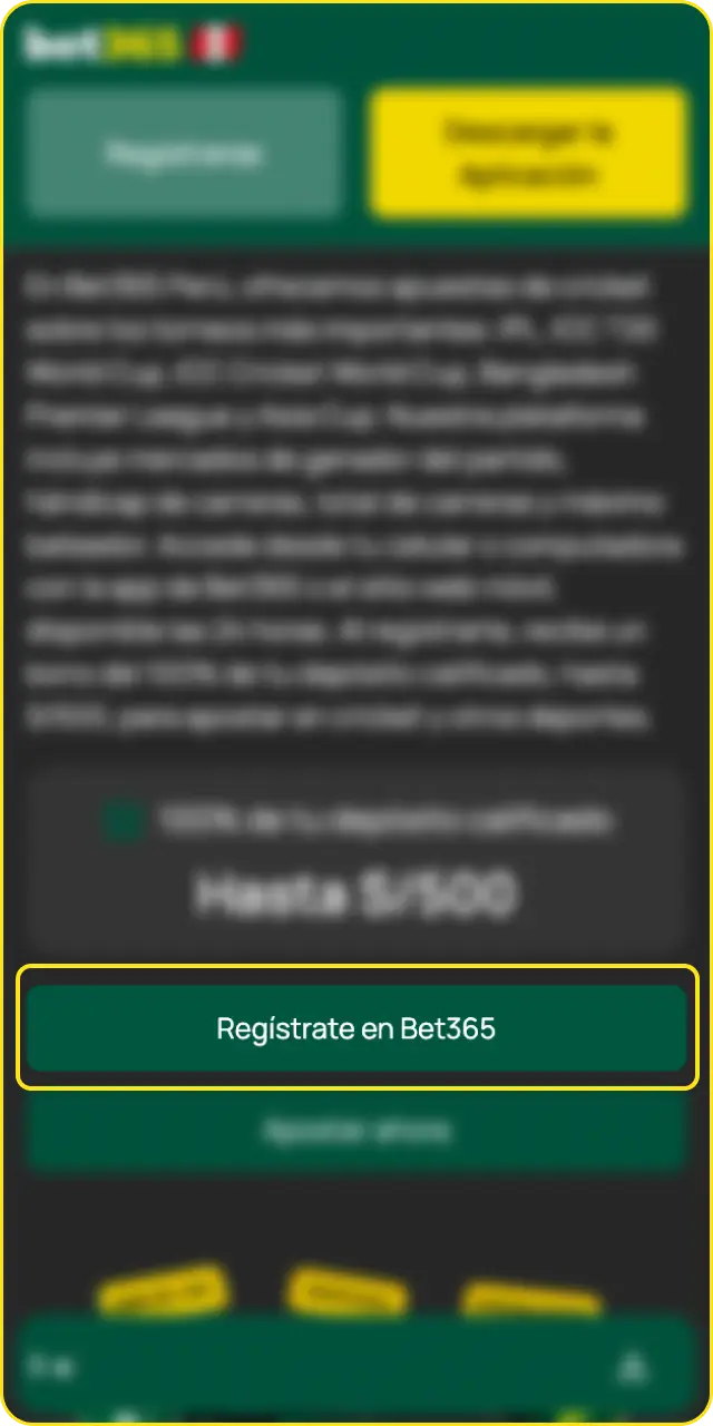 Crea tu cuenta o inicia sesión antes de ver cómo apostar en cricket en Bet365.