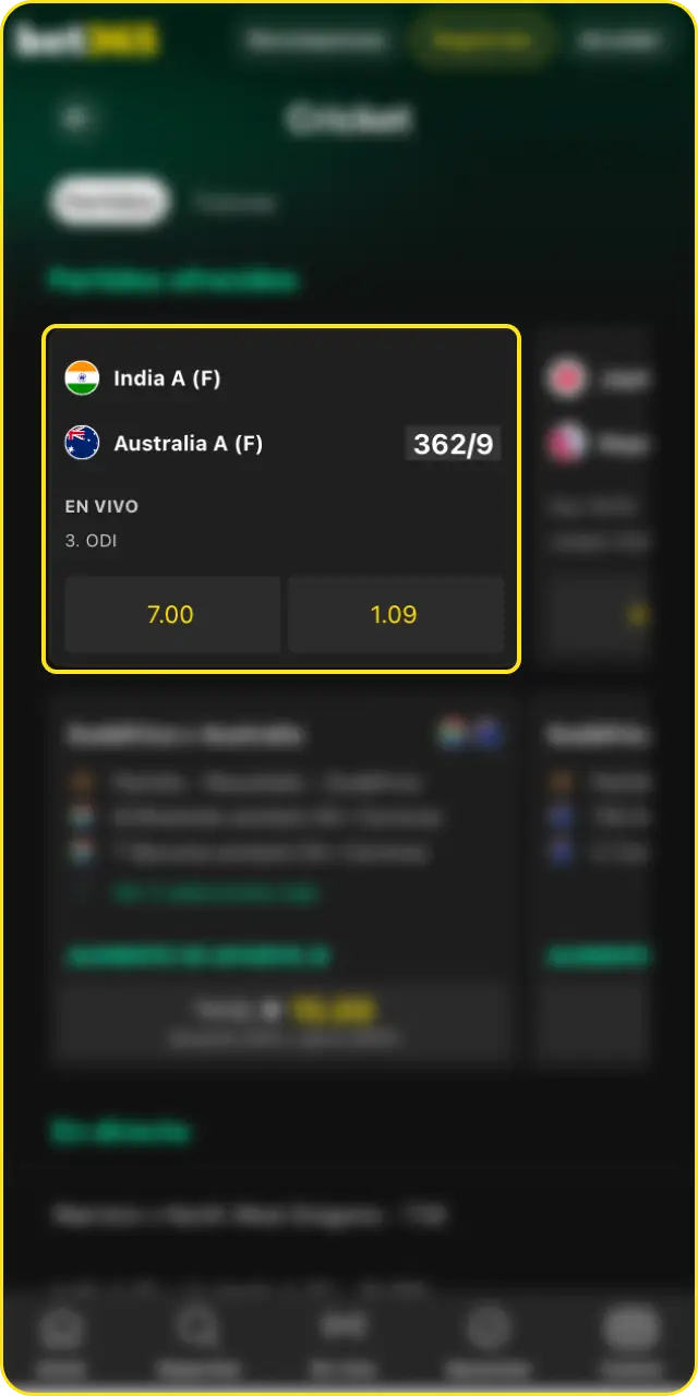 Elige un partido y mercado para continuar con el proceso de cómo apostar en cricket en Bet365.
