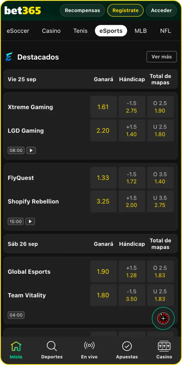 Ve a la sección de esports y realiza tu apuesta para culminar la guía en Bet365.