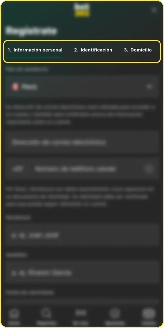 Completa tus datos personales para avanzar con la guía de cómo registrarte en Bet365 paso a paso.