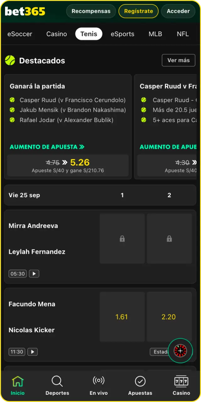 Selecciona un partido y mercado disponible al descubrir cómo apostar al tenis en Bet365.